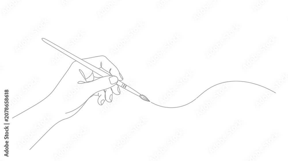 Obraz premium Illustration of a person's hand holding a paintbrush and drawing a wavy line, representing creativity and artistic expression