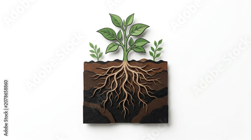Fotografie Plant with extensive root system growing in soil cross section.