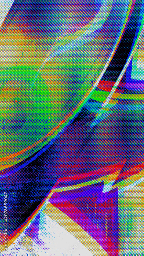 Fototapeta premium Abstract glitch halftone with neon green and magenta sweeping arc dot pattern and RGB split distortion on white background. Pairs with psychedelic and rave aesthetic.