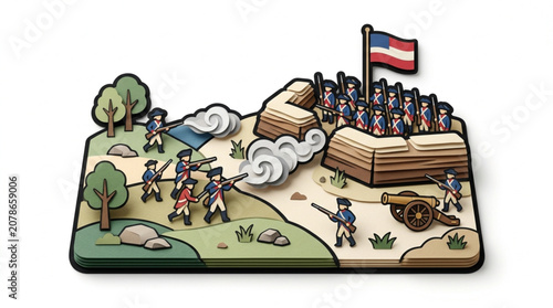 Historical Battle Scene with Soldiers and Cannon.