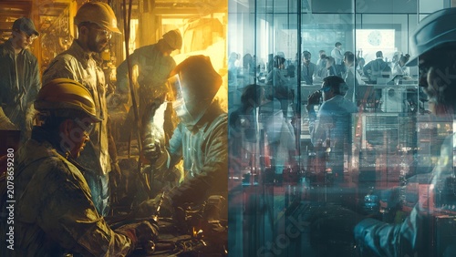 Split Scene Blue Collar and White Collar Careers Modern Work Lifestyle Comparison