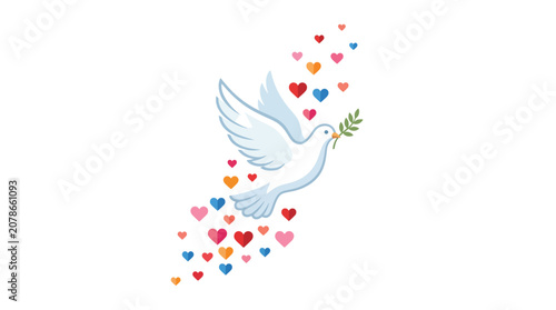 Quadro su tela Flying Dove with Olive Branch and Colorful Hearts