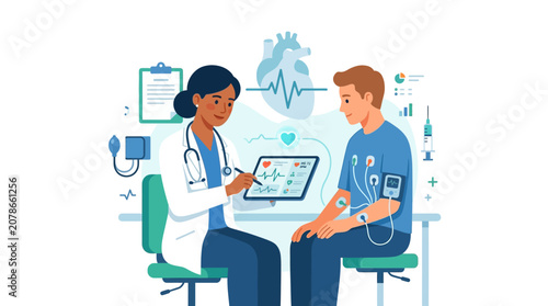 Doctor Performing EKG Heart Test on Patient in Clinic