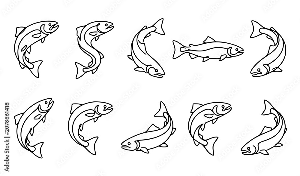 Obraz premium Minimal Continuous Line Salmon Fish Vector Illustration Set