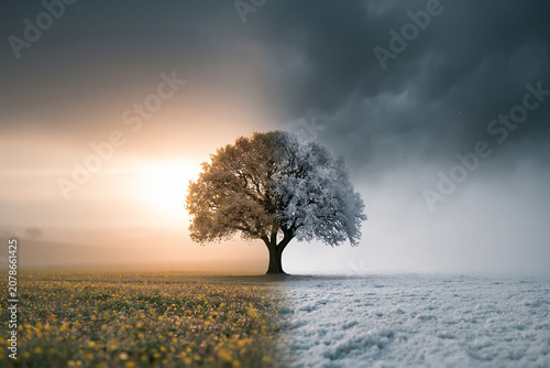 spring and winter split landscape with lone tree, solitary tree dividing summer and winter seasons, balanced nature scene with seasonal contrast