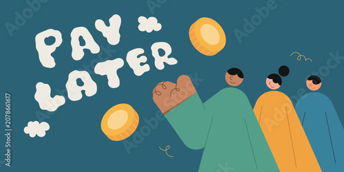Foto Flat design illustration of a group of people with flying gold coins beside bold bubbly pay later text on teal background, representing BNPL and deferred payment