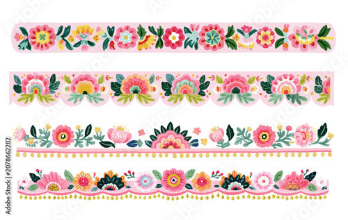 Set of modern traditional Korean Minhwa floral seamless border and washi tape vector illustration