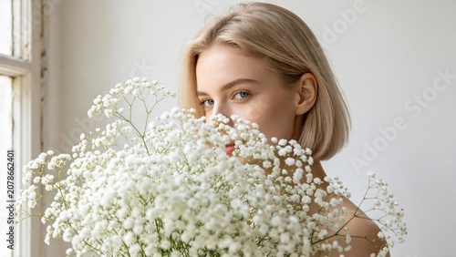 Beautiful young blonde woman holding bouquet of white gypsophila flowers, hiding face behind delicate blooms, soft natural light portrait, minimalist aesthetic, spring concept