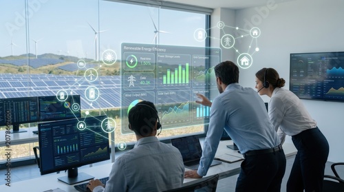 Professional team monitoring renewable energy efficiency and solar power data on futuristic holographic interface in modern control room with wind turbines view