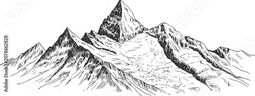 Photos Mountain range hand-drawn of rugged peaks and snowy slopes