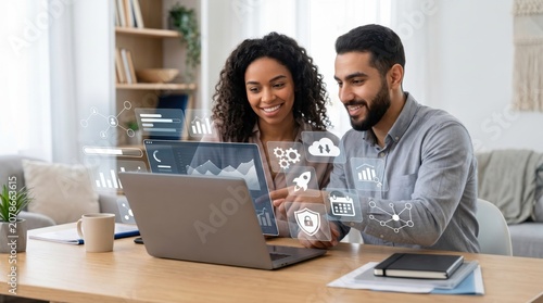 Young couple working together on laptop with cloud computing icons, remote work collaboration, digital startup planning and online business management from home