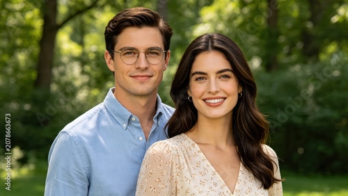 Portrait of happy young couple smiling at camera standing together in green park nature background, lifestyle people concept, love relationship, outdoor leisure activity