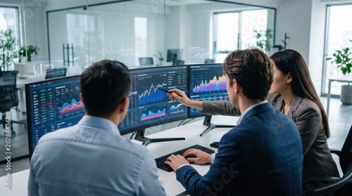 Business team analyzing financial charts and stock market data on computer screens in modern office, corporate strategy meeting, investment analysis, trading concept