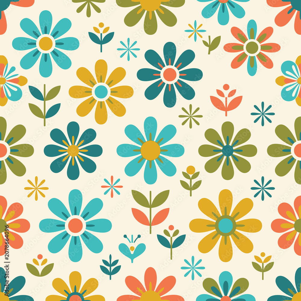 Obraz premium Colorful Floral Pattern with Bright Flowers and Green Leaves