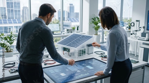Engineers analyzing solar panel model and digital blueprint in modern green tech lab, sustainable energy innovation concept