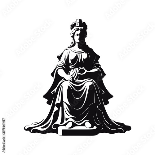 Elegant woman, sitting statue, black and white illustration, vector icon
