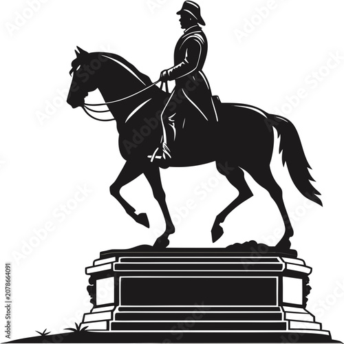 Equestrian silhouette, horse rider statue, black vector icon, monument base