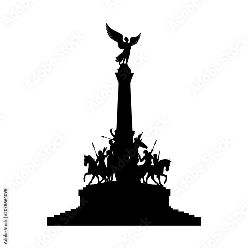 Monument silhouette, winged statue, horseback riders, black icon, vector emblem