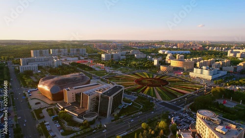 Aerial dusk view of Two Steeds Square in Kangbashi New District, Ordos, Inner Mongolia, China