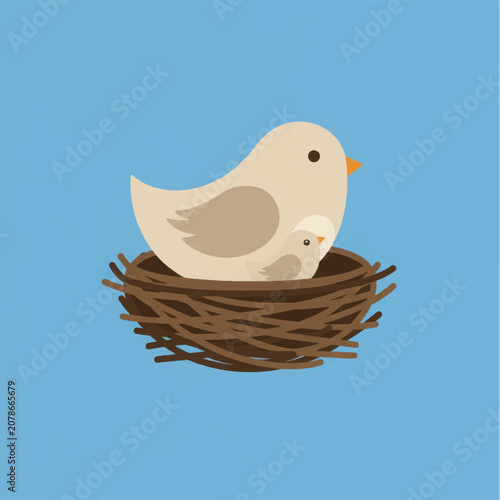Valokuva Mother Bird Sitting with Chick in Nest.
