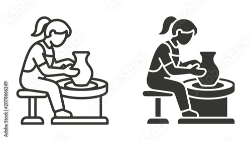 Tableau sur toile Pottery Artisan at Work: A skilled artisan, depicted in both line art and silhouette, is engrossed in the craft of pottery, shaping clay on a spinning wheel to create a beautiful vase