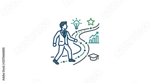 Business Man Walking on a Path of Opportunities, Success, and Growth