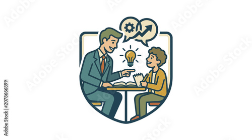 Business Mentor Guiding Young Professional in Modern Flat Icon Style