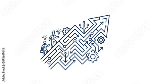 Business professionals navigating abstract innovation maze with ideas and gear elements