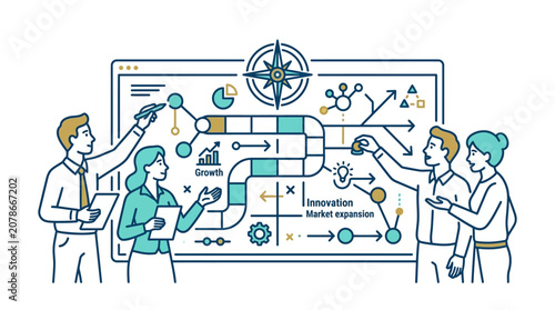 Business Team Analyzing Strategy and Future Opportunities on a Giant Board