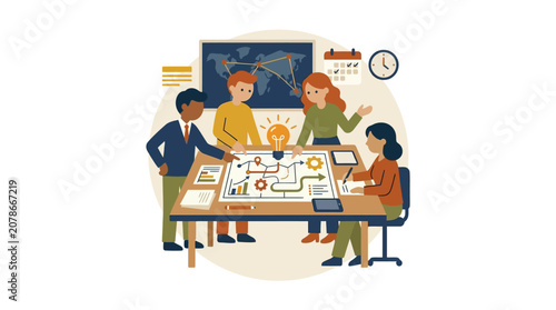 Business Team Collaborating on Strategy and Planning with Charts and World Map