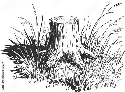 Photos Black and white of a tree stump surrounded by grass