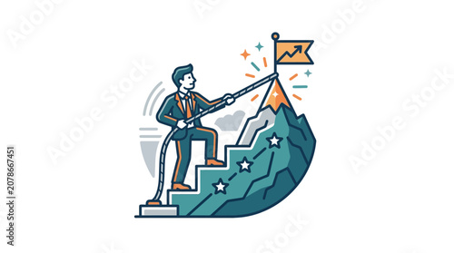 Businessman climbing stairs with rope, symbolizing career growth and ambition