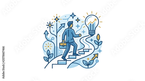 Businessman Navigating Path of Opportunities with Career Growth and Success Icons