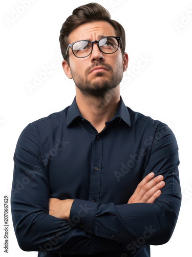 Thoughtful man with glasses looking up isolated on transparent background