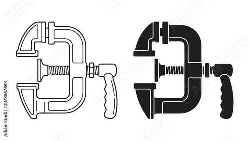 Obraz na plátně C-Clamp Illustration: A side-by-side comparison of a C-clamp, presented in both line art and silhouette form, showcasing its mechanical design and common application in various industries