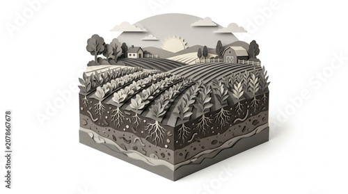 Foto Cross section of a farm showing crops and soil layers.