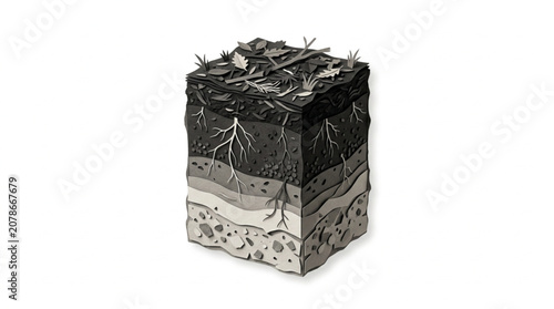 Принти на полотні Cross section of soil layers with roots and organic matter.