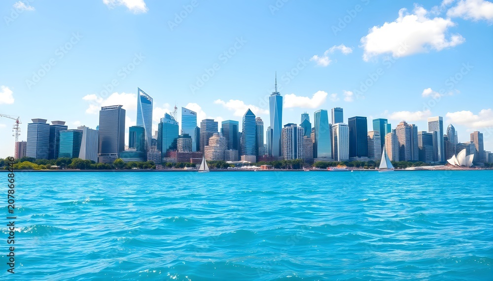 Obraz premium A daytime view of the Manhattan skyline from across the Hudson River showing skyscrapers and water.