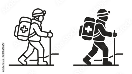 Принти на полотні Mountain Rescue Medic Icon: A detailed illustration of a mountain rescue medic, equipped with a backpack featuring a medical cross and a headlamp, traversing challenging terrain with trekking poles