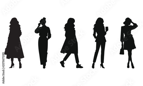 Elegant Women and Girls Silhouette Collection in Fashion Poses Walking Shopping Models and Business People Vector Illustration Set