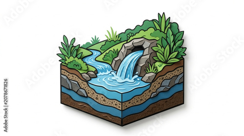 Obraz na plátně Cross section of a natural landscape showing a waterfall and river