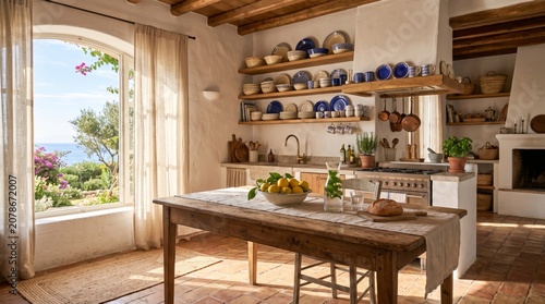 Bright Rustic Kitchen With Brick Stove, Wooden Table and Sea View Through Window
