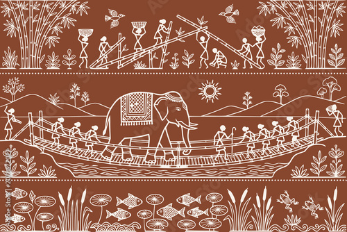 Schilderij op canvas Warli tribal style illustration of a decorated elephant and villagers crossing a