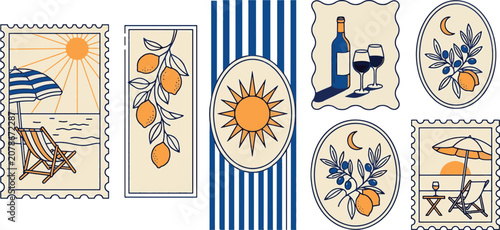 Photography Set of mediterranean summer travel theme postage stamp illustrations with medite