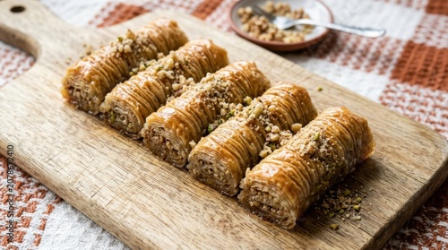 Traditional Turkish baklava rolls with walnuts and syrup served on a wooden board, delicious Middle Eastern sweet dessert pastry for Ramadan celebration.