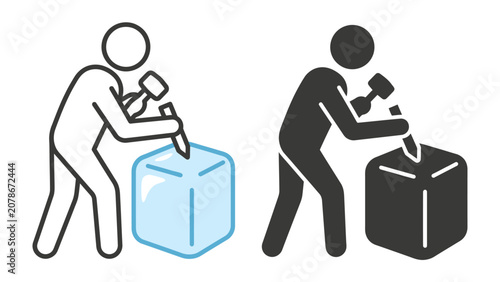 Konstfotografi Ice Sculpture Icon: Two simple icons depict a person carving a cube of ice with a hammer and chisel, representing artistry and creation