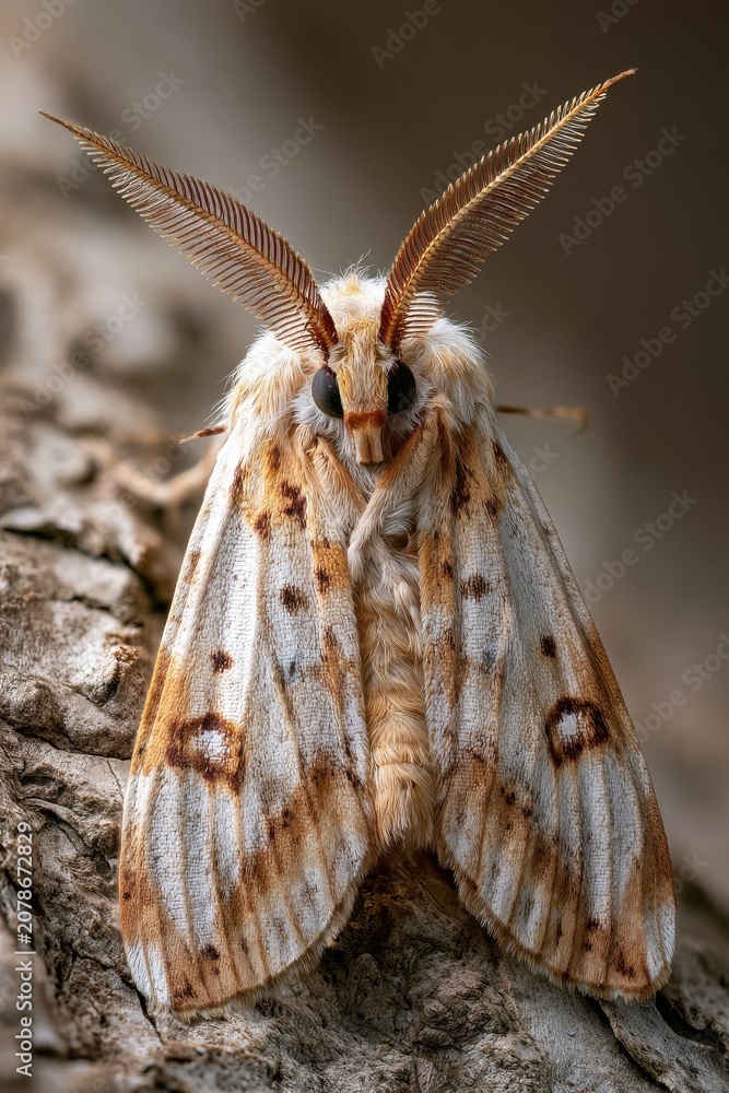Fototapeta premium Moth resting on tree trunk in a dark natural environment at night