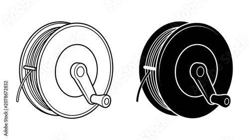 Fotografie Hose Reel Icon: A simple line art illustration of a hose reel, shown in both a black and white outline and a solid black silhouette, perfect for graphic design and industrial applications