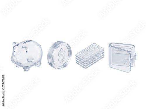 Transparent piggy bank, coin, and money stack illustrations on white background