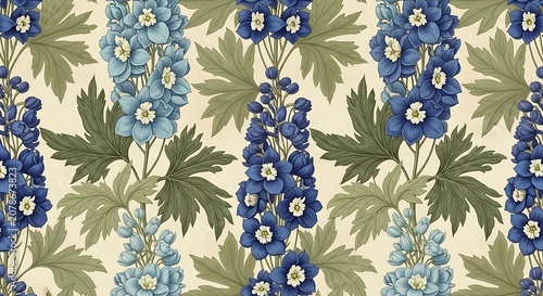 Vintage Floral Pattern with Blue and Green Colors for Textile Design.